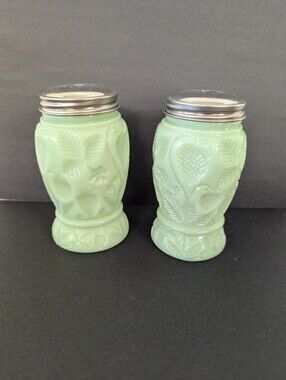 Jadite Green Embossed Glass Salt & Pepper Shakers